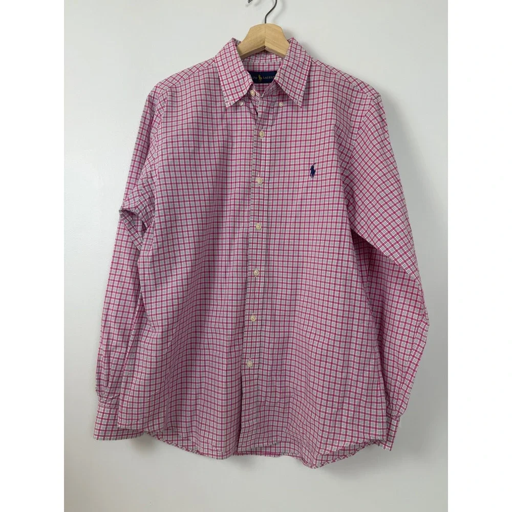 READ Ralph Lauren Mens Pony Pink Plaid Button Down‎ Shirt Long Sleeve Top M